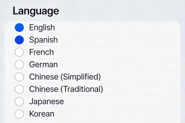 Telegram 语言设置界面截图，展示语言选择列表
