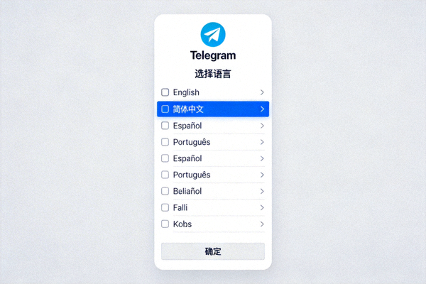 Telegram 中文语言选择确认截图，高亮显示简体中文选项